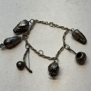 Vintage Penca De Balangandan 6 Charms Amulet Silver Tone Chain Bracelet